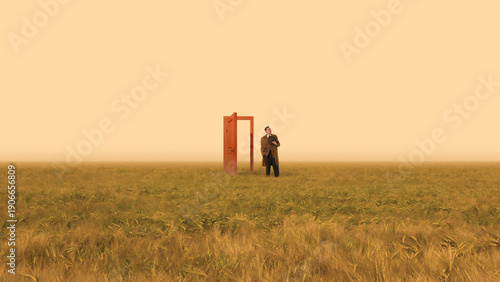 Foto Conceptual poster man stepping through open door in field