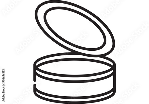 Container round open with lid and black outline vector illustration on white background featuring packaging, storage, jar with tin and can elements for compact, makeup projects, clean composition on