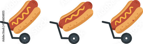 Three hot dogs on hand trucks, symbolizing food delivery or catering services