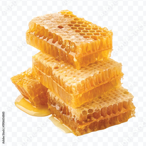 realistic four stacked honeycomb pieces with dripping honey in different style isolated on transparent background