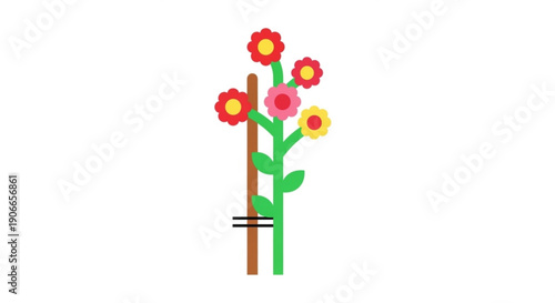 Colorful flowers with green stem and brown stake on white background