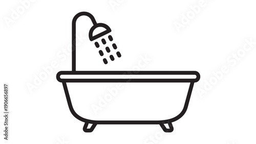 Bathtub with shower icon featuring water droplets and simple design elements featuring bathroom, cleanliness, hygiene with relaxation and spa elements for wellness, black projects, clean composition
