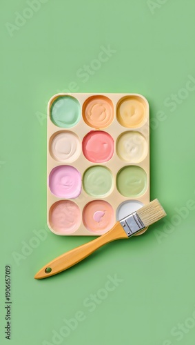A paint palette with pastel colors and a wooden brush lying on a green surface