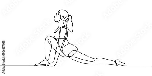 A girl does exercises, gymnastics, Pilates, aerobics lying with gym ball. Self drawing one continuous line draw, logo, Gymnast girl, Continuous one line drawing of a woman doing fitness exercises.