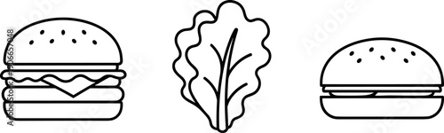 Simple line art icons of burgers and lettuce on a white background