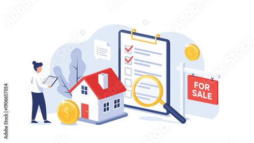 Real estate property inspection and home selling concept with magnifying glass over a house and checklist.