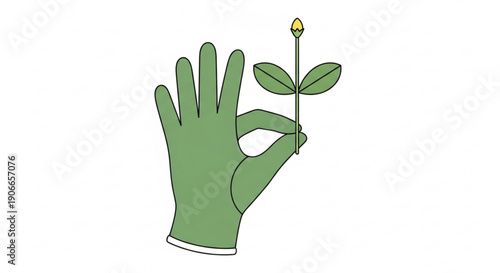 Green glove hand holding small plant with leaves and sprout upwards
