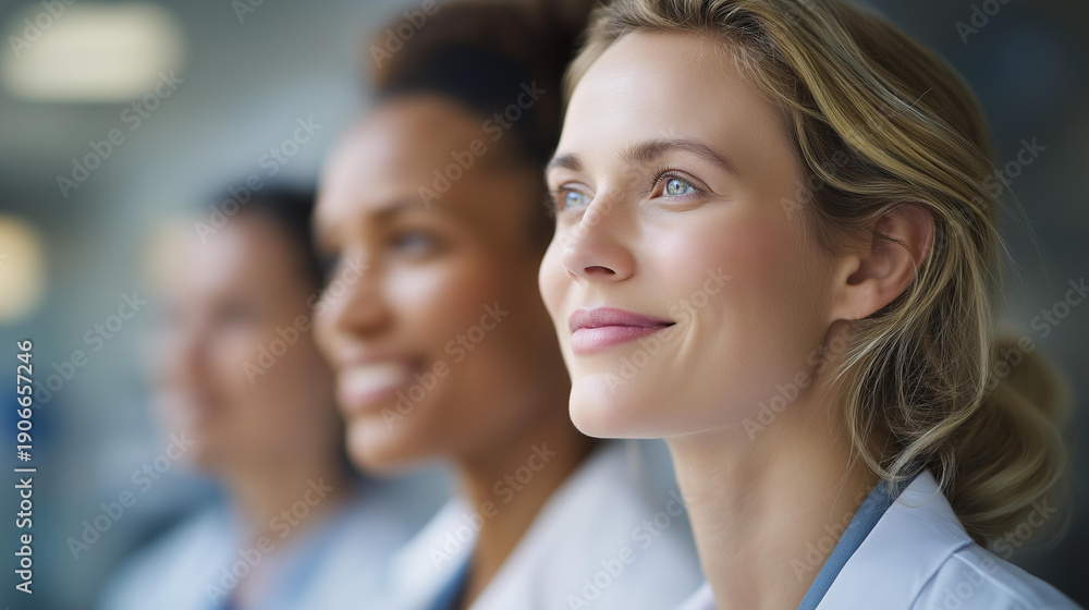 Fototapeta premium More women in medical industry representation, female healthcare professionals, gender equality in science, diverse laboratory workforce, medical research inclusivity, defocused pr