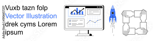 Business strategy, teamwork synergy, innovation, growth, analytics, collaboration. Computer screen with charts, a rocket and interlocking hands. Teamwork and innovation for progress illustration