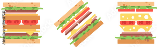 Three stylized sandwiches with different fillings and orientations on a white background