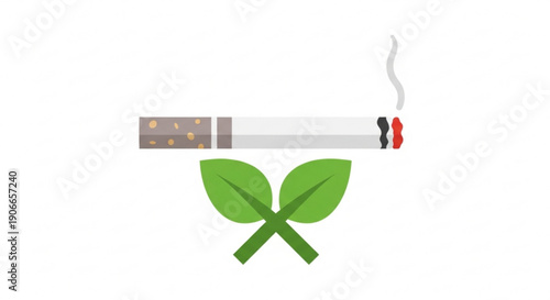 No smoking symbol with cigarette and green leaves on white background
