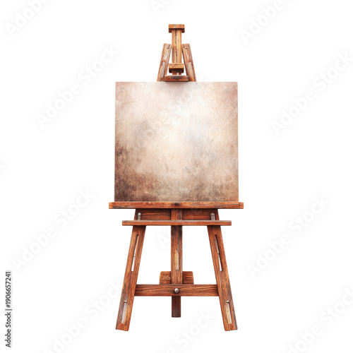 Vintage wooden easel with blank canvas, rustic artist studio stand, classic painting display for art mockups isolated on Transparent Background