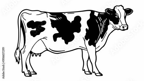 Isolated dairy cow standing in studio, Holstein black and white, farm animal mammal, long shot.