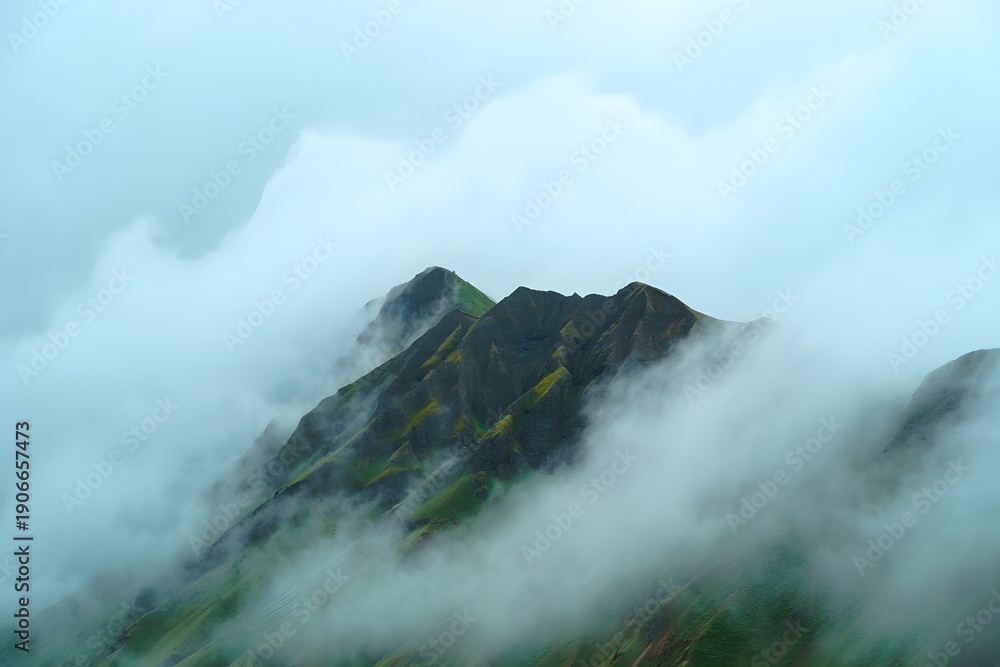 Fototapeta premium A rugged mountain peak rises above a blanket of misty clouds