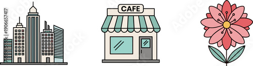Collection of simple flat icons representing city buildings, a cafe, and a flower