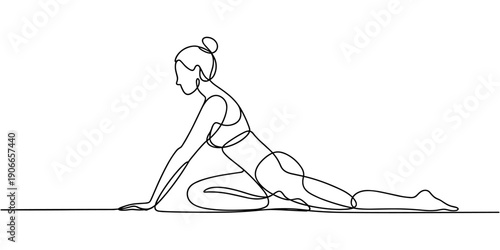 A girl does exercises, gymnastics, Pilates, aerobics lying with gym ball. Self drawing one continuous line draw, logo, Gymnast girl, Continuous one line drawing of a woman doing fitness exercises.