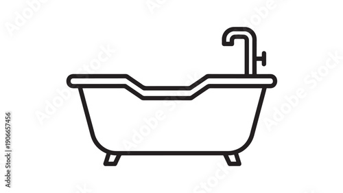 Bathtub line icon with faucet and classic freestanding tub silhouette, minimal black outline bathroom symbol for hygiene, spa, plumbing, interior design and UI