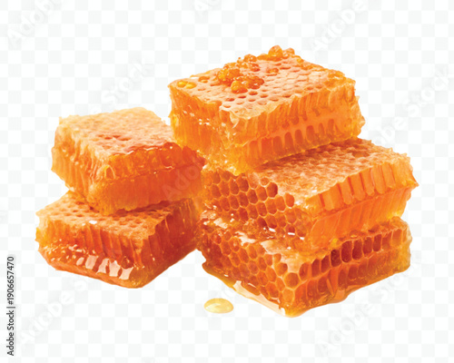 realistic four stacked honeycomb pieces with dripping honey in different style isolated on transparent background
