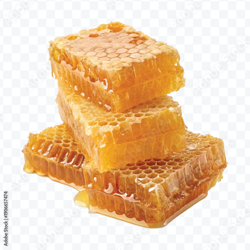 realistic four stacked honeycomb pieces with dripping honey in different style isolated on transparent background