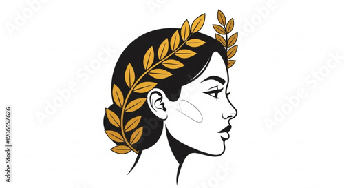 Woman's side profile with golden laurel leaves in hair elegant illustration