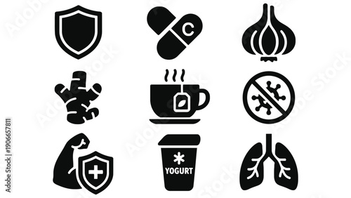 Health icons vector set including shield, pills, and fitness symbols