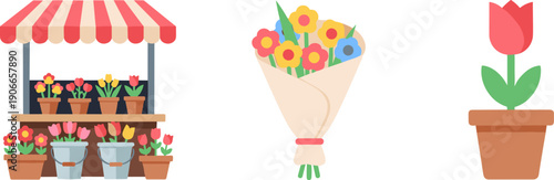 Vector illustration of a flower stall, bouquet, and potted tulip on a white background