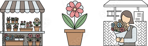 Cute flat illustration of a flower shop, potted plant, and florist with bouquet
