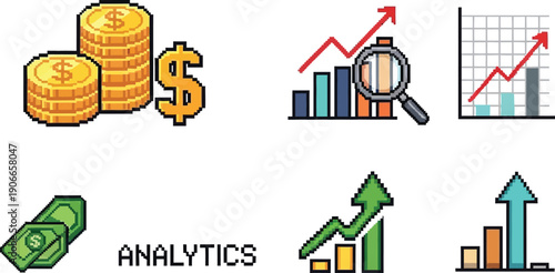 Pixel Art Finance Icons: Coins, Cash, Analytics, Growth