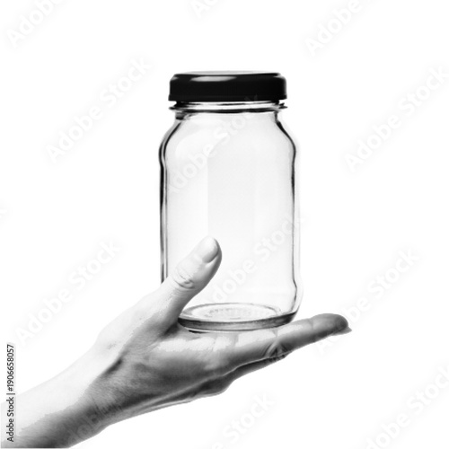 Empty glass jar held in human hand illustration in monochrome halftone style. Transparent container with lid, isolated on white background, suitable for packaging, storage, product mockup and minimal 