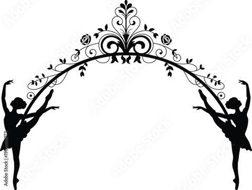 Elegant ballet dancer silhouettes with floral decorative arch isolated on white background classical dance illustration design