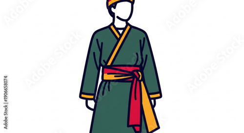 Man wearing traditional asian green robe with red and yellow sash and hat