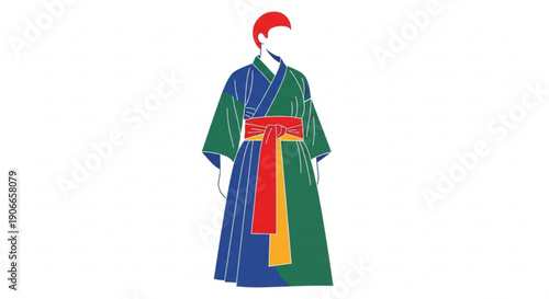 Traditional japanese kimono with colorful obi belt and red hair