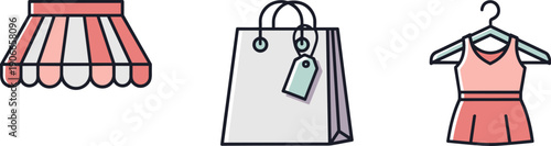 Fashion icons: shopping bag, dress on hanger, and striped awning
