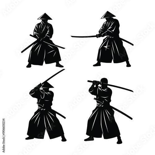 Four samurai silhouettes in different poses with swords, wearing traditional kimonos and hats, against a clear background, viewed from various angles.