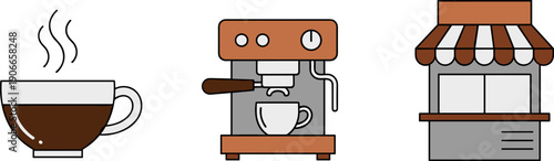 Hot coffee cup, espresso machine, and coffee shop kiosk icons in a row