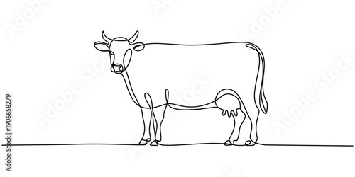Self drawing line Cow on pasture Grazing cow continuous one single line drawn concept ,One continuous line drawing of cow face. Minimal pet cow line art full-length.