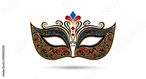 Ornate venetian carnival mask with red and blue decorative elements on white background