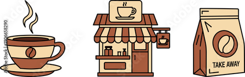 Coffee shop, hot beverage cup, and take away bag icons in a flat design style