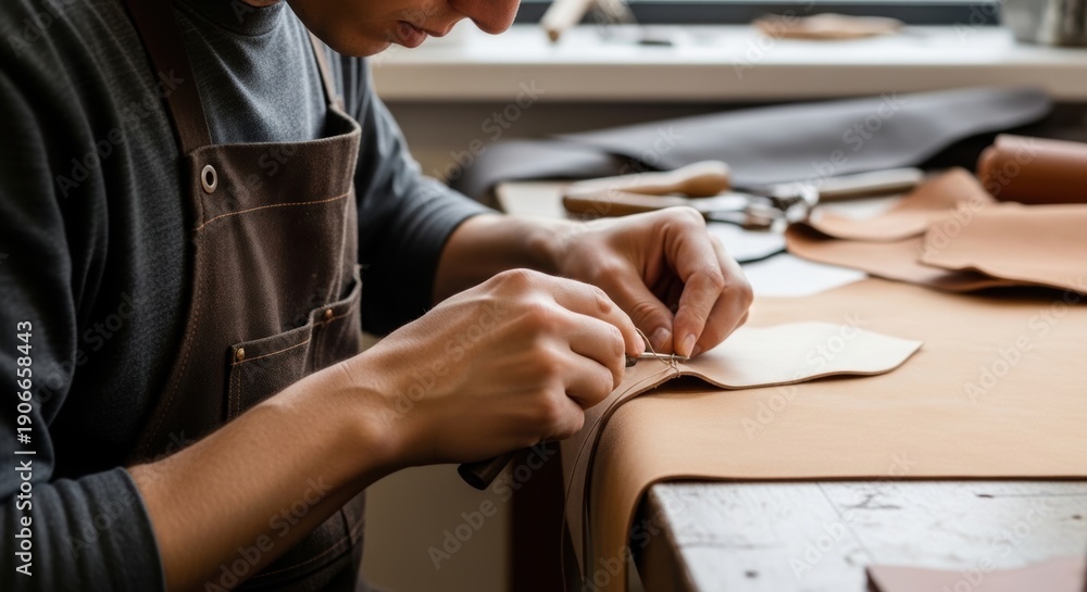Fototapeta premium A person skillfully working with leather in a workshop environment.