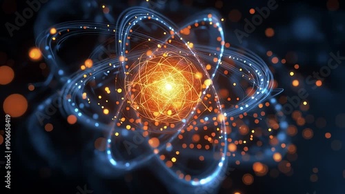 Abstract visualization of atomic nucleus with glowing particles and electron orbits symbolizing nuclear energy, physics research, and advanced scientific technology.
