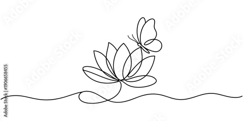 Flower lotus with butterfly in one continuous line drawing. Logo yoga studio and wellness spa salon concept in simple linear style. Water lily in editable stroke. Doodle contour vector illustration