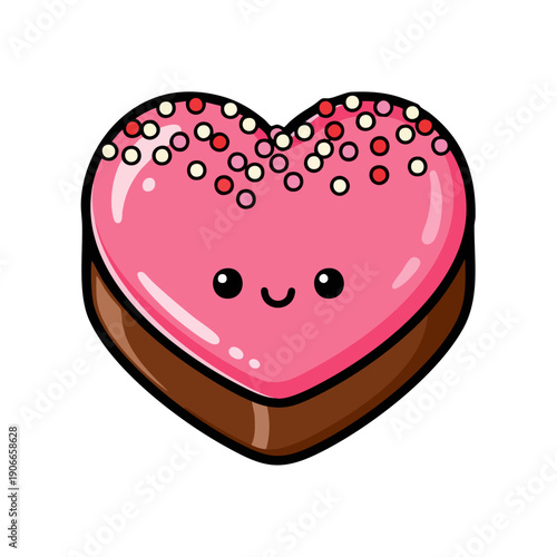 Cute Kawaii HeartShaped Chocolate Cookie with Pink Icing and Sprinkles.