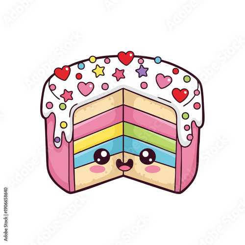 Cute Kawaii Rainbow Cake Slice with Sprinkles and Hearts.