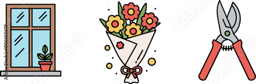 Window with plant, flower bouquet, and pruning shears, flat design icons