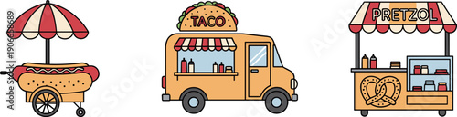 Collection of cartoon food carts and trucks selling hot dogs, tacos, and pretzels