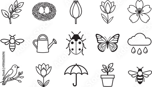 A collection of delicate outline illustrations showcases the serene beauty of the natural world, with flowers, insects, and weather elements, all harmoniously composed.