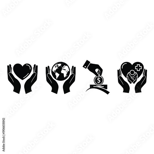 Hands holding symbols of charity, planet, and health, representing care and giving from a global viewpoint