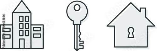 Real estate icons: building, key, and house with keyhole on white background
