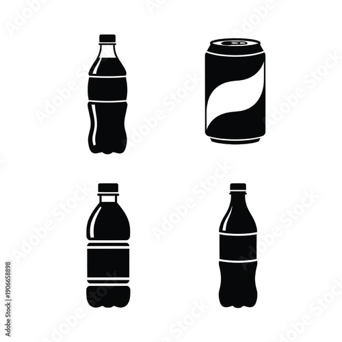 Collection of soda bottles and cans in various shapes and sizes illustrated in a minimalist style