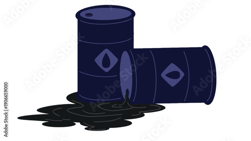 Oil barrels leaking crude oil in an industrial setting with a white background